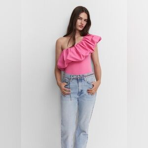 New, Mango ruffled pink asymmetrical bodysuit in size small